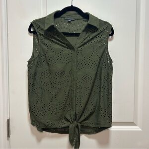 Adrianna Papell Olive Eyelet Tie-Front Sleeveless Top